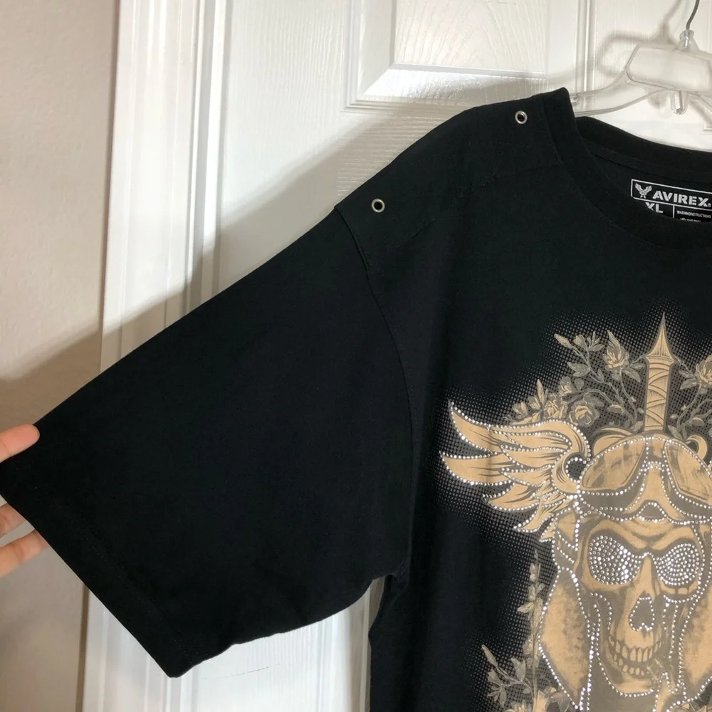 Avirex Cotton Black Tan Studded Skull Winged Shoulder Rivet Oversized T-shirt XL - Picture 4 of 10